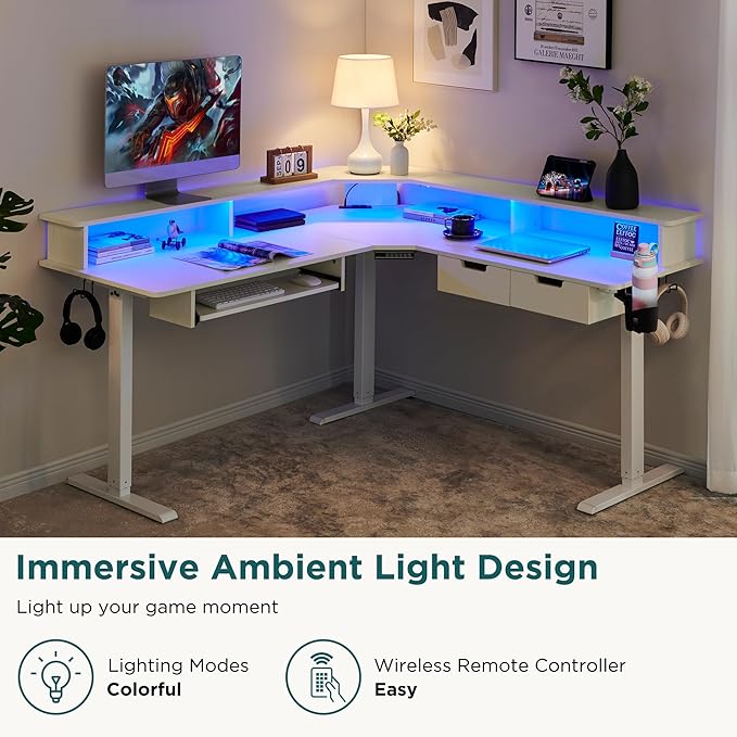 RedLemon L Shaped Electric Standing Desk 60 inches Motor Height Adjustable Sit Stand Corner Desk with Led Large Home Office Desk Computer Workstation Antique White
