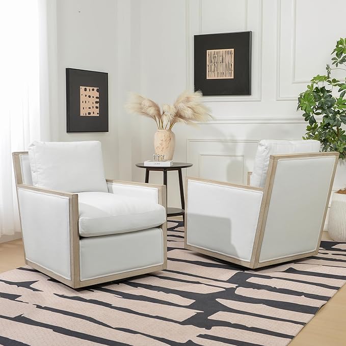 KINWELL 27 Wide Oak Wood Frame Performance Fabric Swivel Armchair Set of 2 No Assembly Down Fill Upholstered Swivel Barrel Chair with Removable Pillow Back for Living Room Bedroom (Ivory)