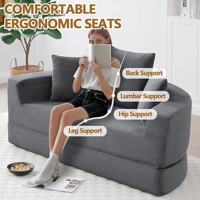 67'' Circular Convertible Compressed Sofa Bed Grey Corduroy Floor Lounge Round Boneless Couch Loveseat Sleeper Sofa Couch with 3 Cushions No Assembly for Apartment Bedroom