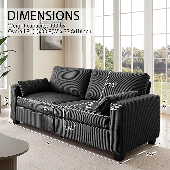 Modern Loveseat Sofa for Living Room Removable Cover Spring Cushions Solid Wood Frame Wide Armrest Corduroy Fabric Recliner Couches for Small Space (Black Corduroy 81 inch)