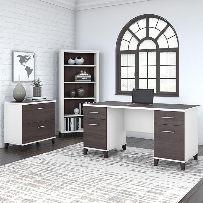 Bush Home 60-inch Home Office Desk with Drawers Large Computer Table with Storage Transitional Style Somerset Collection White and Storm Gray