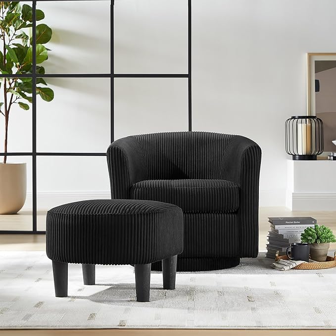 Corduroy Swivel Accent Chair with Ottoman Round Barrel Chair with Armrest Comfy Reading Chair for Living Room Bedroom Office (Black)