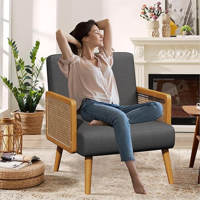 Yongqiang Black Linen Accent Chairs Set of 2 Natural Rattan Upholstered Arm Chairs for Bedroom Living Room Side Chairs Comfy Reading Chair