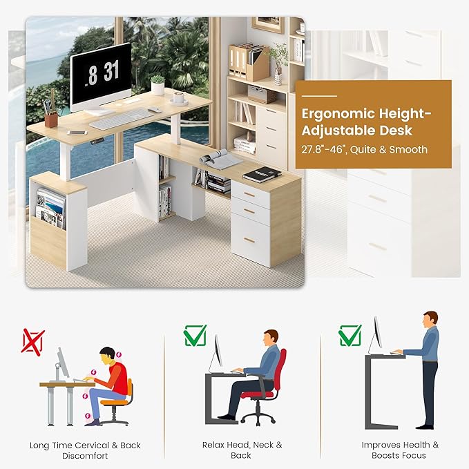 JOMEED 63 L Shaped Electric Standing Desk with Storage Executive Adjustable Height with Power Outlets and Privacy PanelOak and White
