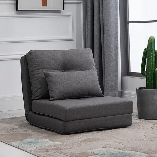 HOMCOM Convertible Flip Chair Floor Lazy Sofa Folding Upholstered Couch Bed with Adjustable Backrest Metal Frame and Pillows for Living Room Bedroom Dark Grey