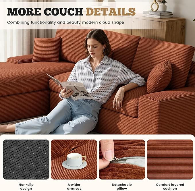 112 Modular Sectional Sofa for Living Room Convertible L-Shape Couch with OttomanCloud Boneless Couch with Layered CushionReddish Brown Corduroy