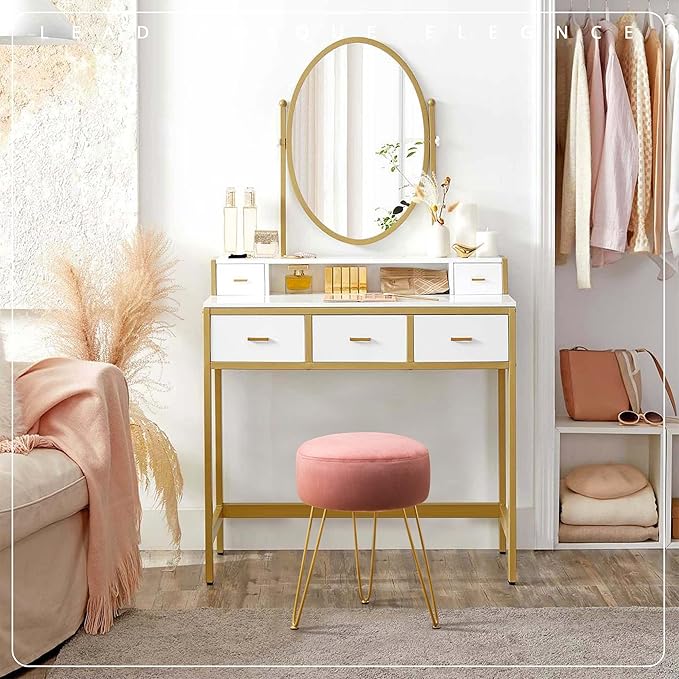 LUE BONA Vanity Stool Pink Vanity Stools for Makeup Room Round Ottoman Foot Stool Velvet Footrest Vanity Chair for Bathroom Vanity Bedroom Living Room Entryway Offices 300lbs