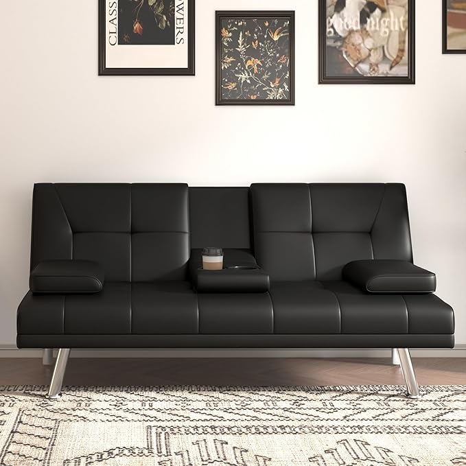 Anwick Convertible Folding Futon Sofa BedModern PU Leather Sleeper Love Seat with 3 Reclining Backrest &amp Cup Holders67 Comfy Sofa Couches for Living Room Small Home Office (Black)