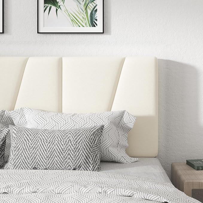 Queen Size Platform Bed Frame with Geometric Upholstered Headboard Noise Free Wooden Slats Support No Box Spring Needed Easy Assembly Beige Velvet