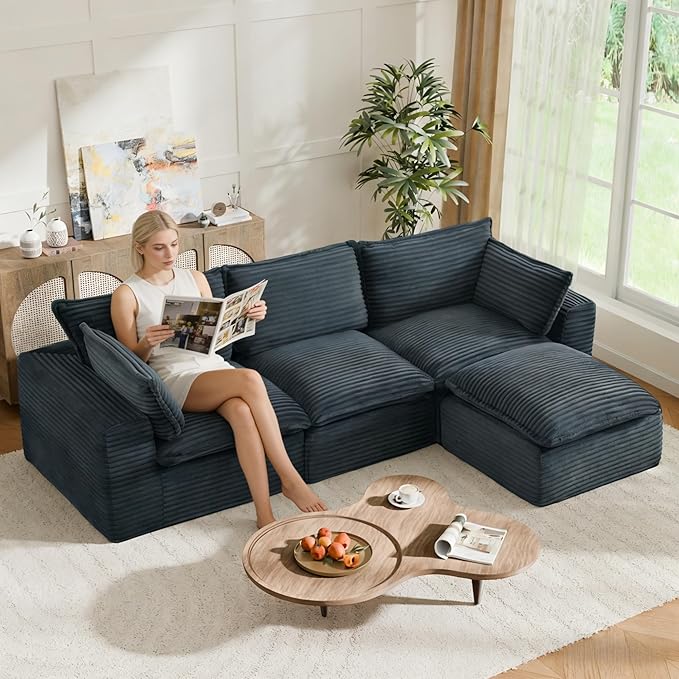 L Shaped Couch Convertible 109 Modular Cloud Couch with Ottoman 3 Seater Upholstered Sectional Sofa Plush Corduroy Boneless Sofa for Living Room Bedroom and Apartment Dark Grey