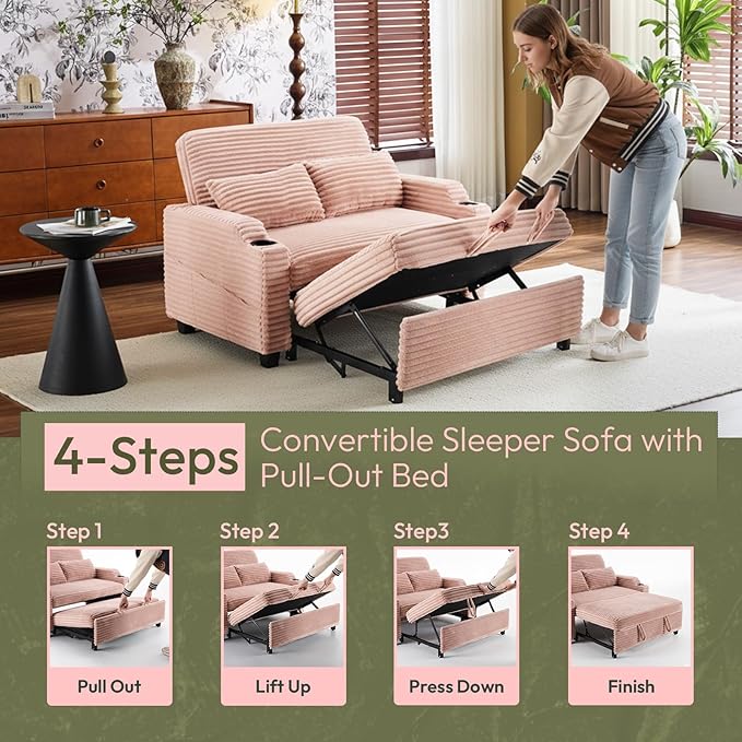 VINGLI Pink Futon Sofa Bed Convertible Loveseat Sleeper Sofa Couch Corduroy Pullout Sofa Fold Out Couch Bed with USB Ports Cup Holders Armrest for Living Room Bedroom Apartment Room | Loveseat Sle