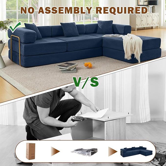 108 W Corduroy Modular Cloud Couch with Fixed-Shape Frame Oversized L-Shaped Sectional Sleeper Sofa Bed with Pull Out Bed No Assembly Modern Floor Boneless Couch for Living Room (Blue)