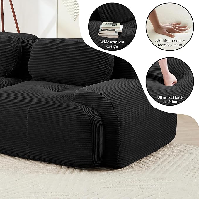 Boneless Sectional Couch No Assembly Required 81.8” L Shaped Modular Cloud Sofa with Pillow and Ottoman Deep Seat Corduroy Couch for Living Room Bedroom Office Apartment