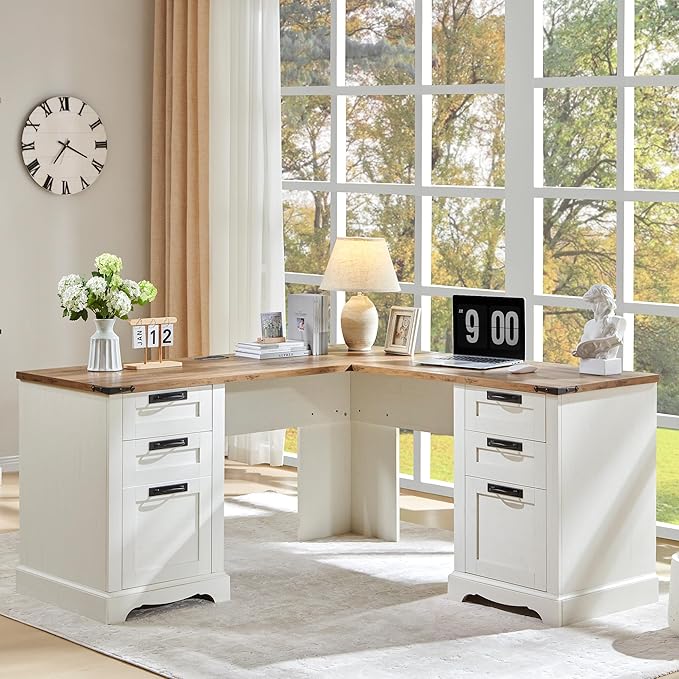 RedLemon 60 Farmhouse L Shaped Executive Desk with Drawers Wood Home Office Corner Desk with Charging Station File Drawer Storage Cabinet Rustic Computer Writing Desk (Antique White)
