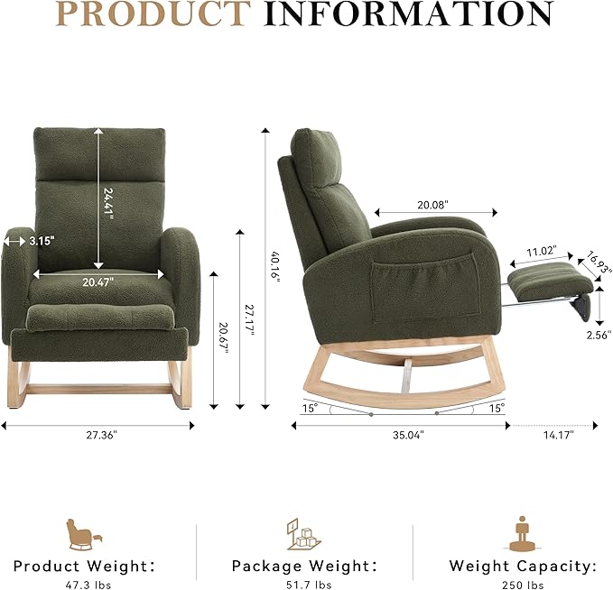Setawix Teddy Rocking Glider Chair with Footrest for NurseryUpholstered Living Room Rocker Arm ChairLeisure Rocking ArmchairMid Century Modern Rocking Accent Chair with Side Pockets (Teddy Green)