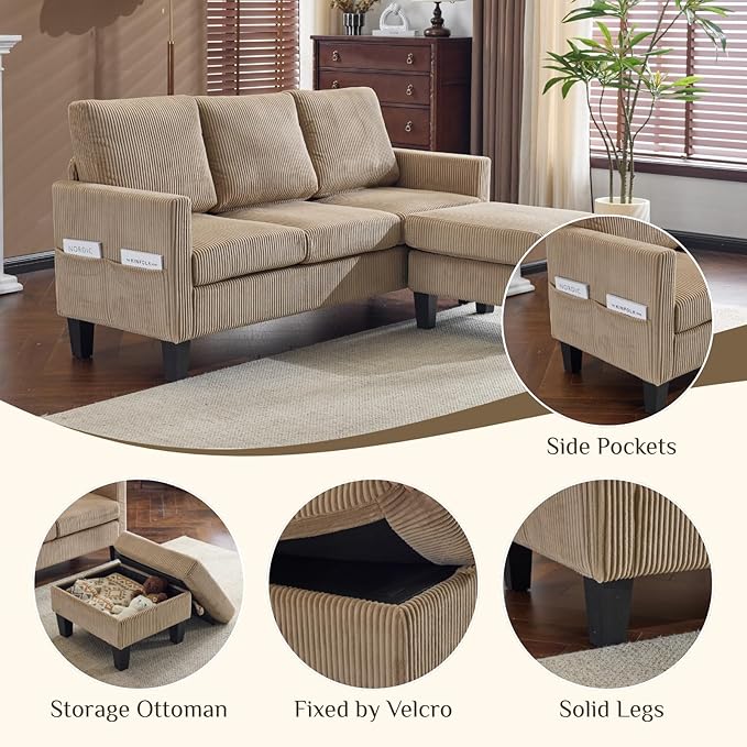 Karl home Small Sectional Couch L Shaped Sofa with Movable Storage Ottoman Corduroy Upholostered Sofa Chaise with Side Pockets for Living Room Apartment Studio Khaki