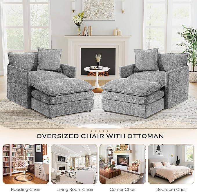 Oversized Chaise Lounge Chair Indoor Modern Comfy Chenille Cloud Accent Chair and A Half with Ottoman Single Deep Seat Sofa Couch Reading Armchair for Living Room Bedroom Apartment Light Gray
