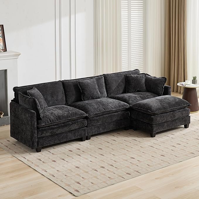 Black Ottoman for Modular Sectional Sofa Chenille Fabric Seat for Oversized Sectional Couches for Living Room Bedroom Apartment Cloud Sofa Couch Sofá para Sala