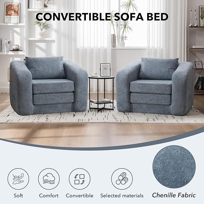 Convertible Sofa Bed Chenille Upholstered Pull Out Sofa Bed with Pillows 2-in-1 Sofa Chair with Minimalist Design Comfy Folding Mattress Couch for Apartment (Light Blue Single Sofa Bed)