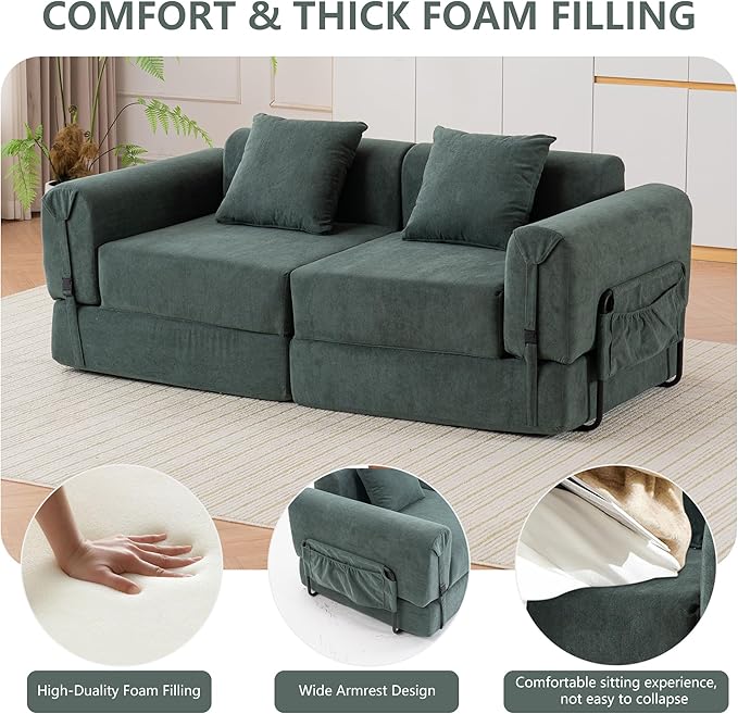 71'' Convertible Sofa Bed with Storage Pocket - Boneless Loveseat with Fixed-Shape Frame - Loveseat Sofa Bed with Pillow Support Folding Couch for Living Room Office Bedroom (Green)