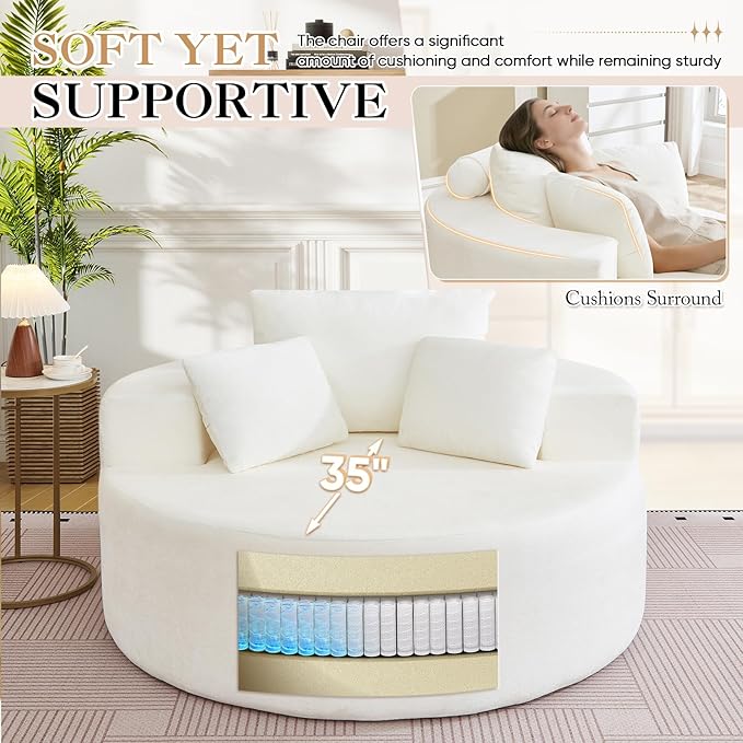 Modern Round Accent Sofa Chair for Living Room Upholstered Soft Terrycloth Barrel Lounge Arm Chair with Large seat&ampThrow Pillows for Bedroom Office Apartment Beige