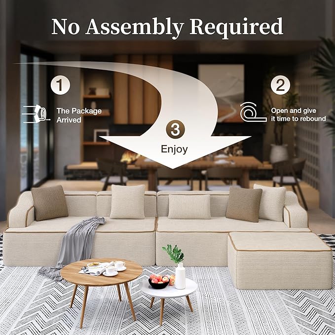 L Shaped Boneless Modular Cloud Couch 133.5'' Oversized Corduroy Sectional Sofa for Living Room 5-Seat Upholstered Modern Couch with Deep Seat No Assembly Required Beige