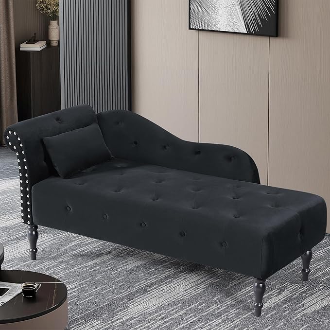 60 Modern Velvet Chaise Lounge Indoor Upholstered Chair with Left Armrest and Lumbar Pillow Button Tufted Lounge Sofa for Living Room Bedroom Office Mini Chaise Longue Sofa (Black)
