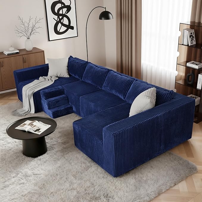 Claiks 128 Modular U Shaped Boneless Couch Deep Seat Bonless Couches for Living Room Modern Couch with Pet Stairs No Assembly Required Blue