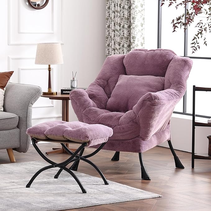 Lazy Chair with Ottoman Reading Chair with a Pillow Leisure Sofa Armchair with Ottoman Large Accent Chair for Bedroom Living Room Dorm Room Plush Purple
