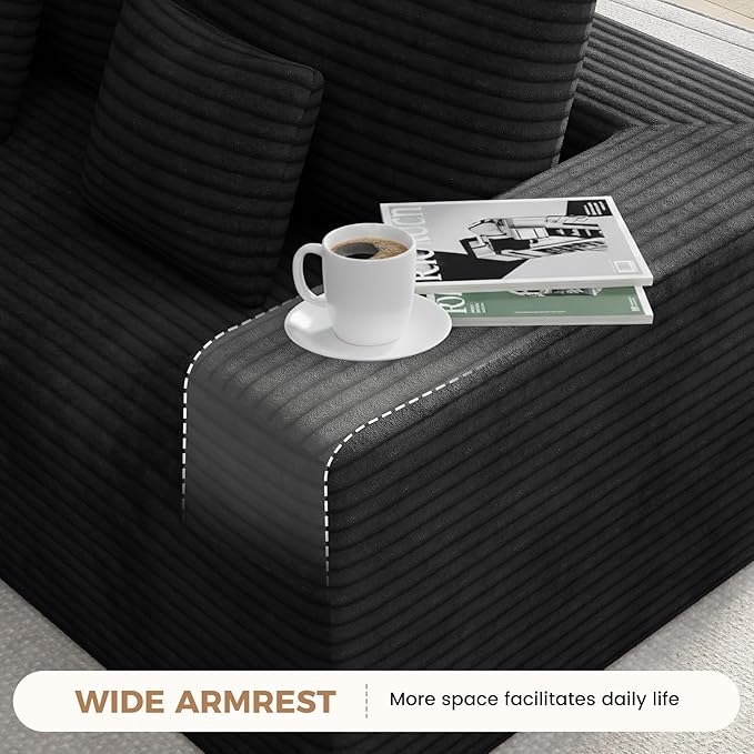 136'' Large Sectional Cloud Couches with Chaise U Shaped Boneless Loveseat Sofa No Assembly Required Deep Seat Modular Lounge for Living Room 3PCS Set Bedroom(Black)