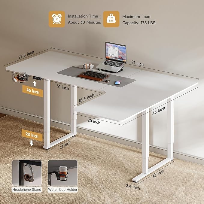 ONBRILL L Shaped Standing Desk 71x43 Inches Electric L Stand Up Desk with 4 Legs Dual Motor and Memory Controller Adjustable Height from 28-46 Inches for Home and Computer Workstation White