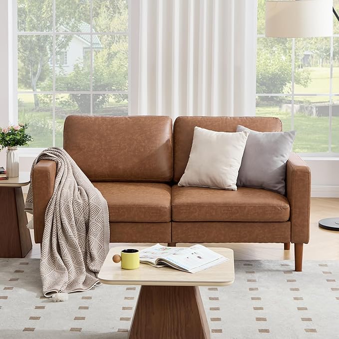 Kingfun 65 Loveseat Sofa Faux Leather Love Seat Couch Mid Century Modern Couch with Solid Wooden Frame for Living Room &amp Bedroom for Small Spaces Brown