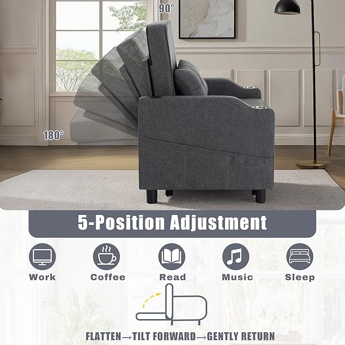 Sleeper ChairSingle Armchair Sofa with PillowAdjustable Backrest Recliner Sofa Modern Pull Out Couch Bed with USB Port Cup Holder Side Pocket for Living Room Bedroom(Dark Grey)