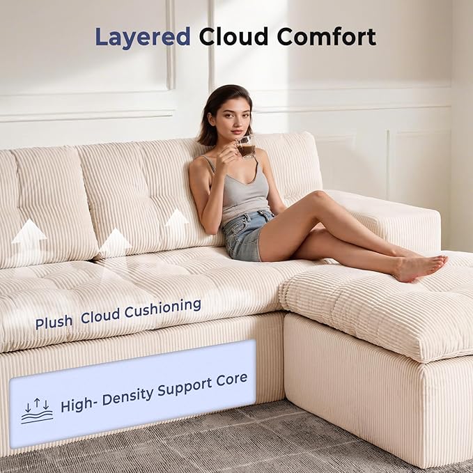 Cloud Sectional Boneless Sofa with Ottoman Modular L Shaped Couch with Layered Cushion Fluffy Comfy Couches for Living Room No Assembly Beige