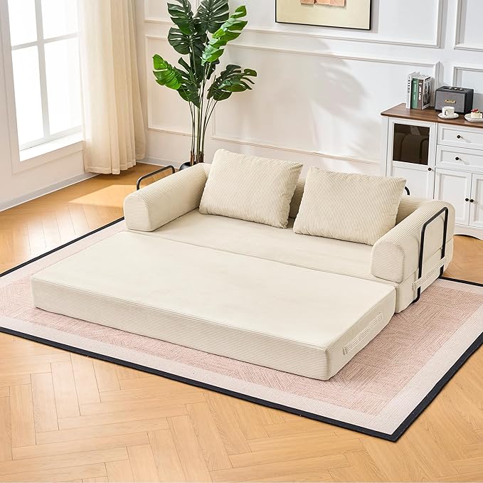Convertible Sleeper Sofa Bed 78.7 Folding Floor Sofa Mattress Couch with Pillows Corduroy Futon Boneless Couch Lounge Loveseat with Pull Out Bed Beige