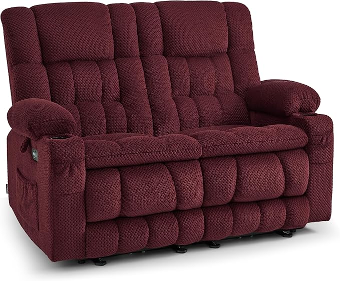 MCombo 57 Power Loveseat Recliner Electric Reclining Loveseat Sofa with Heat and Vibration Cupholders USB Charge Ports for Living Room 6314 (Burgundy Loveseat)