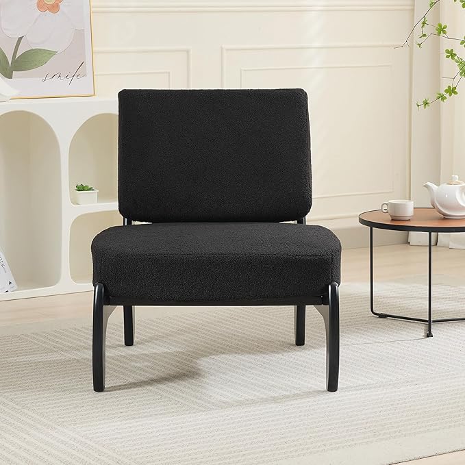 Qulomvs Modern Accent Chair Mid Century Accent Chair with Wooden Frame Upholstered Comfy Reading Chair Armless Side Sofa Chair for Living Room Bedroom (Black Teddy Fabric)
