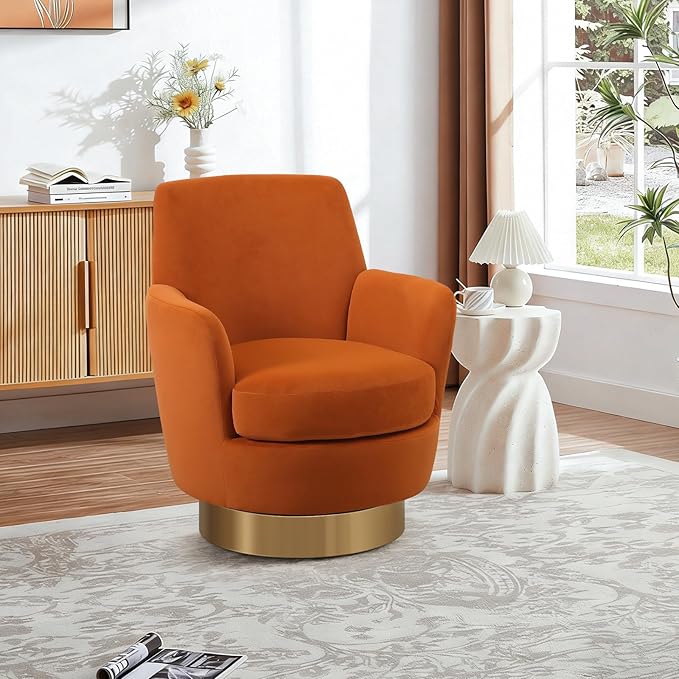 360° Swivel Barrel Chair Set of 2 28.3 Modern Velvet Round Accent Chair Comfy Upholstered Small Armchair with Gold Metal Base for Living Room Bedroom Nursery Office Sillas para Sala Orange