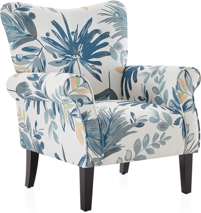 BELLEZE Modern Accent Chair High Back Armchair Upholstered Wingback Side Chair Padded Single Sofa with Wooden Legs for Living Room Bedroom - Green Blue Floral