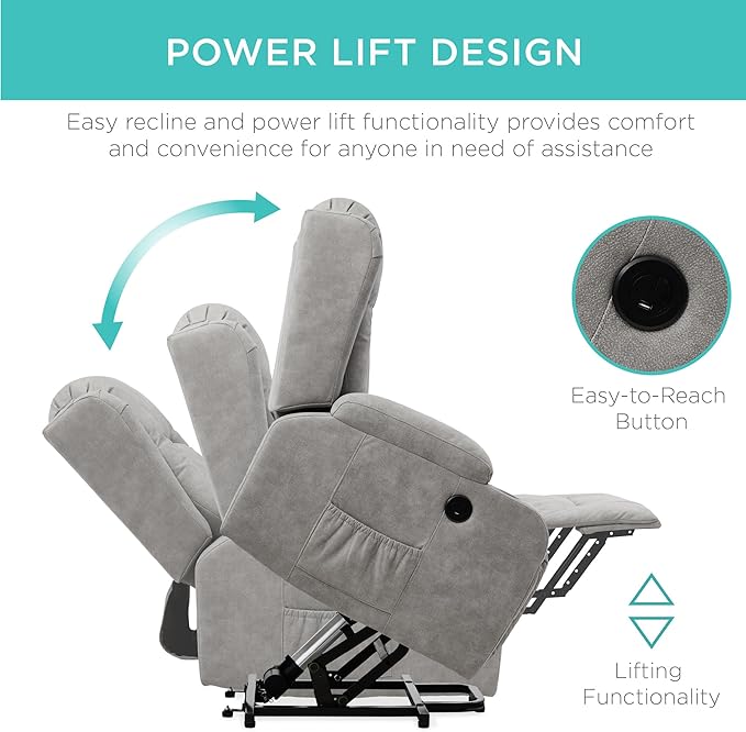 Best Choice Products PU Leather Electric Power Lift Chair Recliner Massage Chair Adjustable Furniture for Back Legs w/ 3 Positions USB Port Heat Cupholders Easy-to-Reach Side Button - Gray