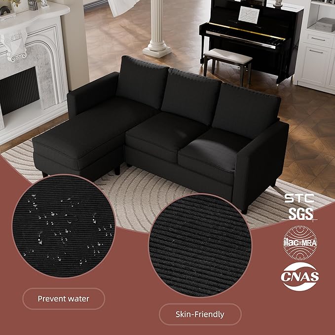 JAMFLY Sectional Sofa Couch Convertible L Shaped Sofas with Ottoman Small Sectional Couches for Living Room 3 Seater Couch for Small Spaces Black