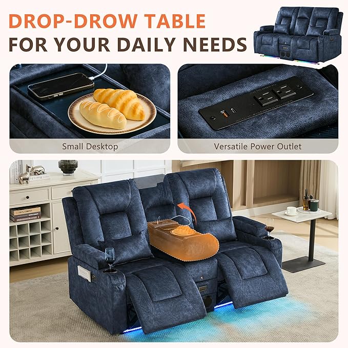 Houjud Power Reclining Loveseat Recliner Sofa with Console Wall-Hugger RV Couch with USB Ports Cup Holders Bluetooth Speakers &amp Ambient Lighting for Home Theater or Camper Velvet Blue