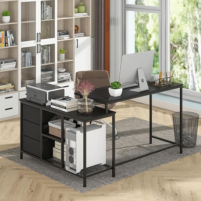 Giantex L Shaped Computer Desk with Drawers 81 Convertible Corner Desk with Charging Station and Storage Shelves Study Writing Desk Modern Long Corner Gaming Table for Home Office (Black)
