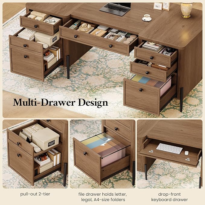 63 Executive Desk with 5 Drawers Farmhouse Home Office Desks with 2 Storage Cabinet and Keyboard Tray Large Boss Desk with Privacy Panel Modern Table with Open Shelf and File Drawer