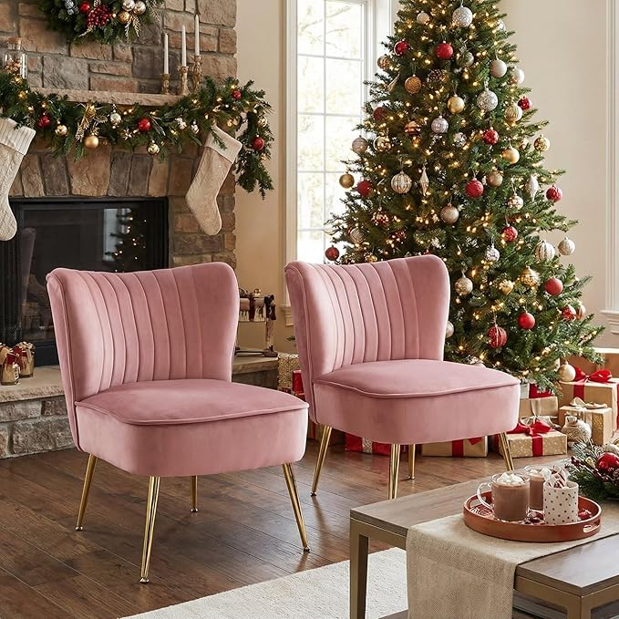 DUOMAY Modern Accent Chair Set of 2 Velvet Slipper Chair with Gold Legs Wingback Side Chair for Living Room Bedroom Entryway Small Corner Chair for Space Saving Blush Pink