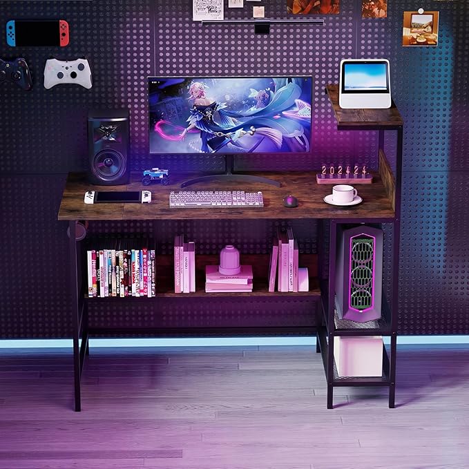 Giantex 48 Computer Desk with Charging Station Reversible Writing Desk with Storage Shelves &amp Headphone Hook Small Gaming Desk Industrial Computer Workstation for Home Office (Rustic Brown)