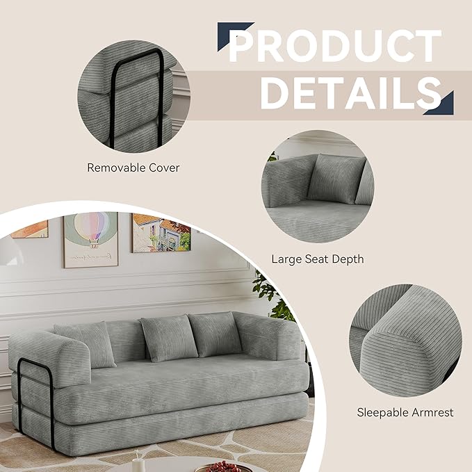 WENTMENT 80‘’Convertible Floor Sofa Bed for Living Room Boneless Couch with Deep Seat Corduroy Pull Out Sofa Bed with 3 Pillows Bedroom Apartment No AssemblyGrey