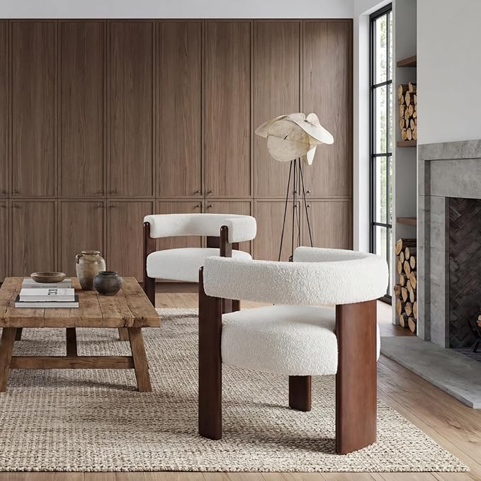 Modern Barrel Accent Chairs Set of 2 Cozy Upholstered Beige Boucle Living room Chair for Bedroom Solid Walnut Wooden Armchair Vintage Lounge Reading Chair for Apartment Waiting Room Office