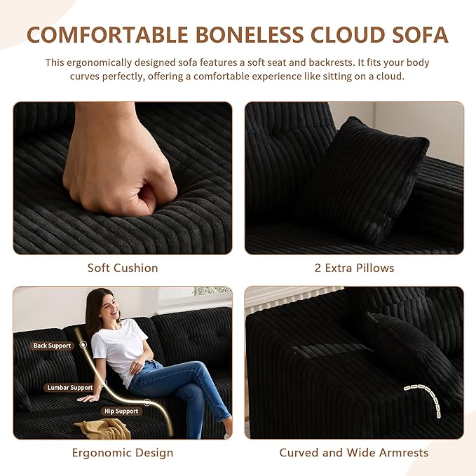 Ball &amp Cast 106 Modular Sectional Sofa Cloud Corduroy Couch with Deep Seat Boneless L-Shaped Sectional Upholstered Modular Sofa for Living Room No Assembly Required (Black Left Facing Chaise