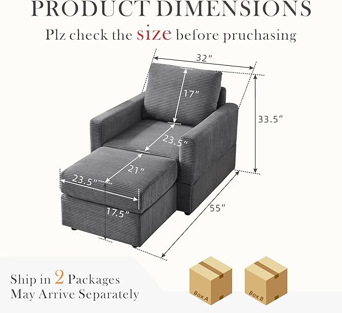 Aoiy &amp Wifon Accent Chair with Ottoman Upholstered Reading Chair with Ottoman Comfy Armchair with Wooden Legs Corduroy Grey